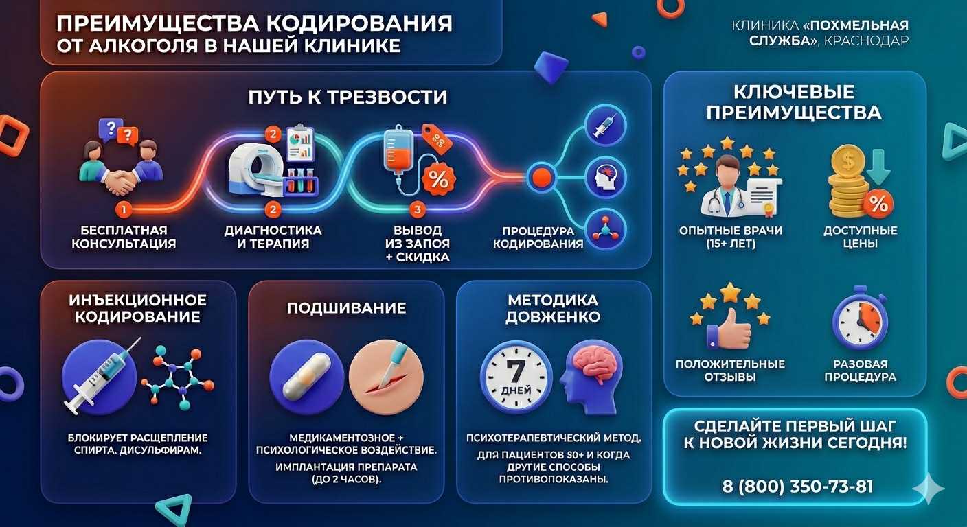 Инфографика о методах кодирования от алкоголя в Янауле: инъекции, подшивание, метод Довженко. Преимущества клиники и этапы лечения.