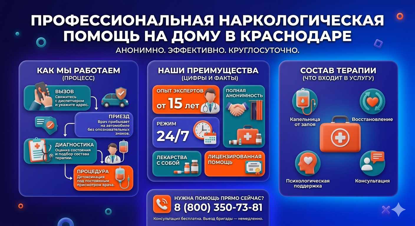 Инфографика о принципах лечения алкоголизма на дому в Янауле: этапы вызова нарколога, преимущества анонимной детоксикации и состав медицинской помощи.